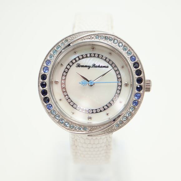 Tommy Bahama Silver Tone Blue Gem Set 35mm MOP Womens Watch Leather New Battery